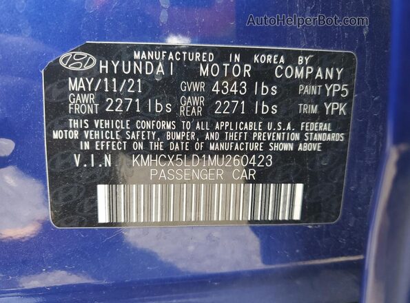 KMHCX5LD1MU260423 2021 HYUNDAI IONIQ Синий Вид наклейки с VIN-кодом
