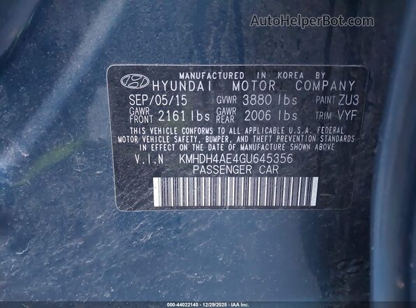 KMHDH4AE4GU645356 2016 HYUNDAI ELANTRA Синий Вид подкапотного пространства