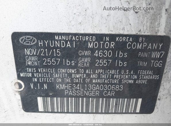 KMHE34L13GA030683 2016 HYUNDAI SONATA HYBRID Белый Вид подкапотного пространства