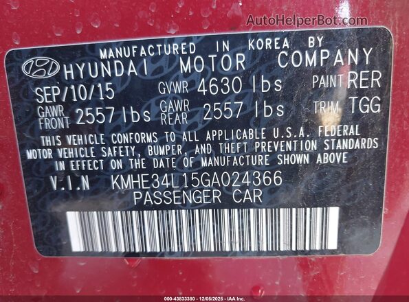 KMHE34L15GA024366 2016 HYUNDAI SONATA HYBRID Burgundy Вид підкапотного простору