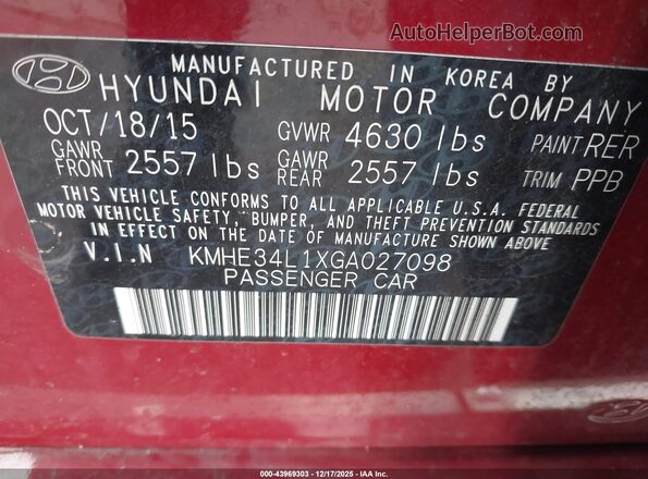 KMHE34L1XGA027098 2016 HYUNDAI SONATA HYBRID Красный Вид подкапотного пространства