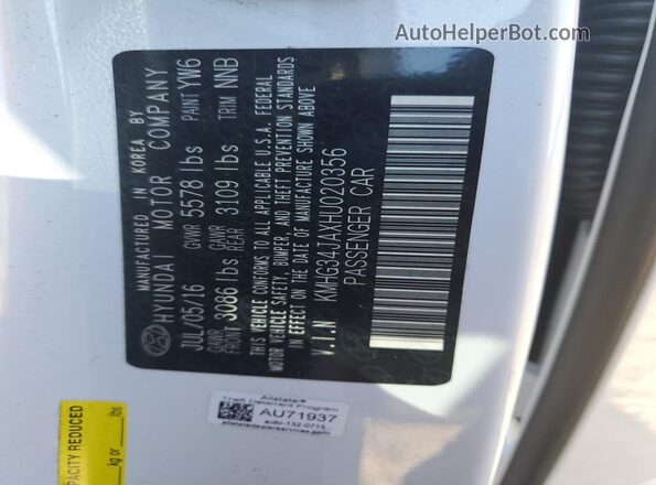 KMHG34JAXHU020356 2017 GENESIS G90 White Vista del compartimento del motor
