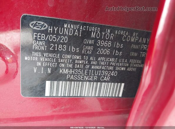 KMHH35LE1LU139240 2020 HYUNDAI ELANTRA GT Красный Вид подкапотного пространства