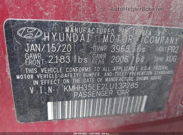 KMHH35LE2LU137285 2020 HYUNDAI ELANTRA GT Red Շարժիչի բաժամունքի տեսք
