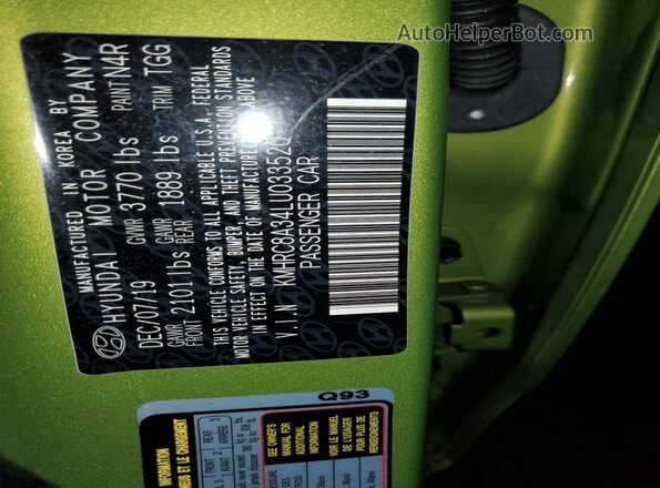KMHRC8A34LU033520 2020 HYUNDAI VENUE Зеленый Вид наклейки с VIN-кодом