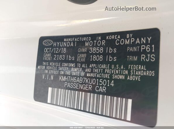 KMHTH6AB7KU015014 2019 HYUNDAI VELOSTER White Widok komory silnika