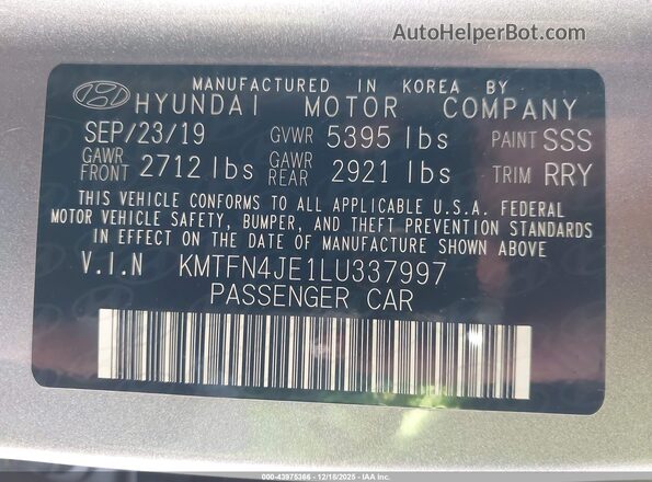 KMTFN4JE1LU337997 2020 GENESIS G80 Gray Widok komory silnika