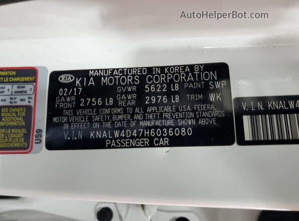 KNALW4D47H6036080 2017 KIA K900 Белый Вид наклейки с VIN-кодом