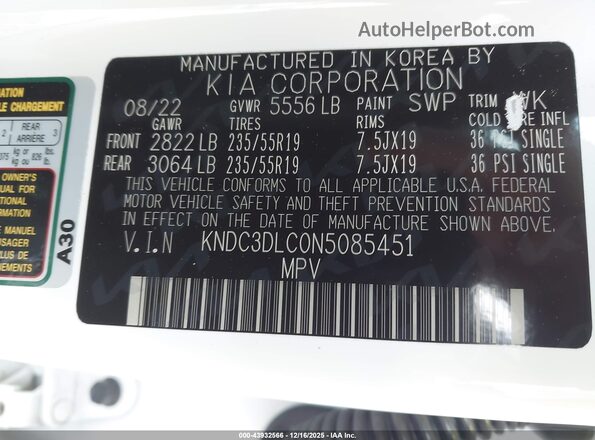 KNDC3DLC0N5085451 2022 KIA EV6 White Շարժիչի բաժամունքի տեսք