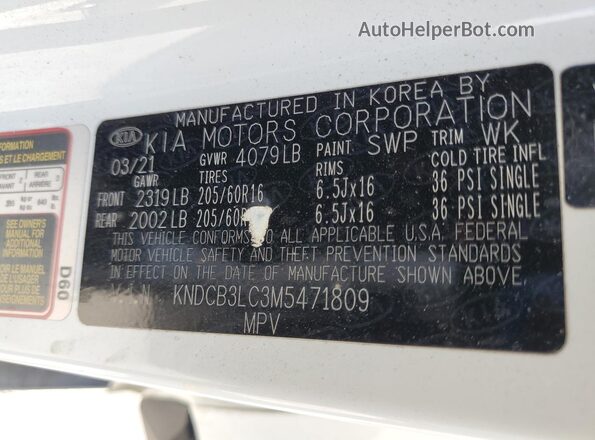 KNDCB3LC3M5471809 2021 KIA NIRO White Vista de la etiqueta del VIN