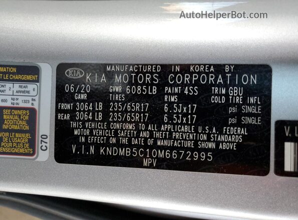 KNDMB5C10M6672995 2021 KIA SEDONA Silver VIN sticker view