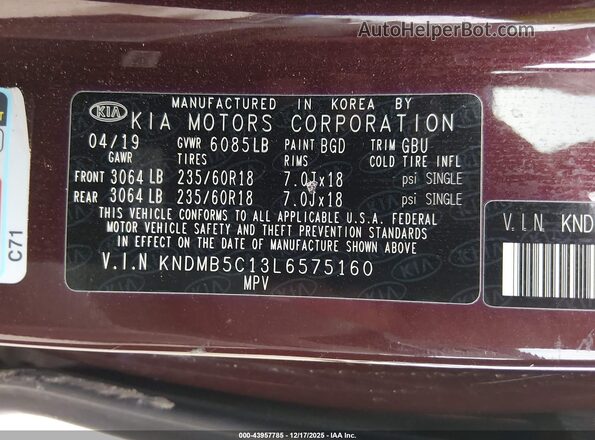 KNDMB5C13L6575160 2020 KIA SEDONA Maroon Вид підкапотного простору
