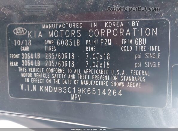 KNDMB5C19K6514264 2019 KIA SEDONA Black Vista del compartimento del motor