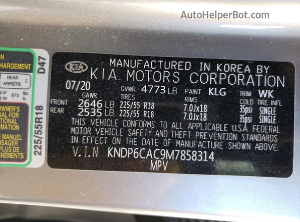 KNDP6CAC9M7858314 2021 KIA SPORTAGE Gray VIN կոդի պիտակի տեսք