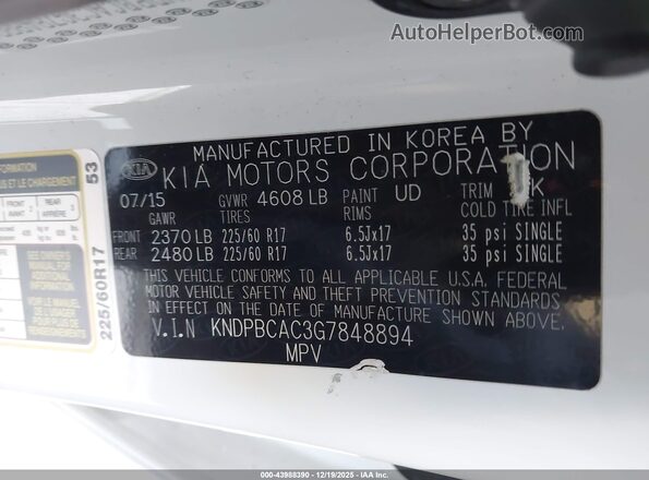 KNDPBCAC3G7848894 2016 KIA SPORTAGE White Widok komory silnika