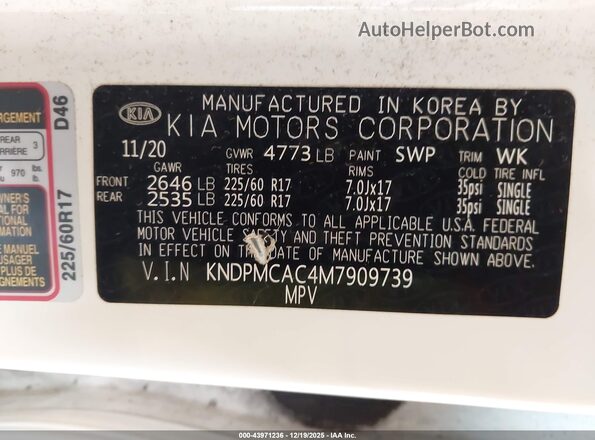 KNDPMCAC4M7909739 2021 KIA SPORTAGE White Вид підкапотного простору