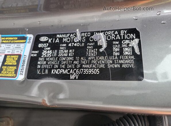 KNDPMCAC6J7359505 2018 KIA SPORTAGE Gray VIN sticker view