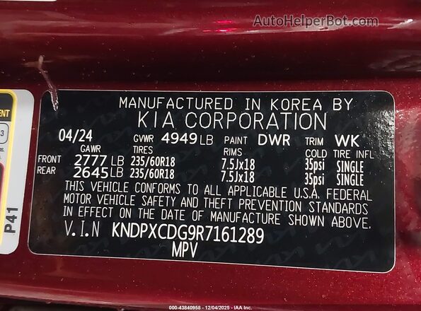 KNDPXCDG9R7161289 2024 KIA SPORTAGE HYBRID Maroon Vista del compartimento del motor
