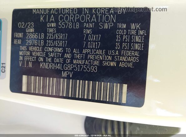 KNDRH4LG8P5175593 2023 KIA SORENTO HYBRID Белый Вид подкапотного пространства
