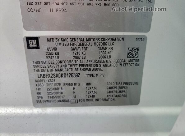 LRBFX2SA0KD126392 2019 BUICK ENVISION Белый Вид наклейки с VIN-кодом
