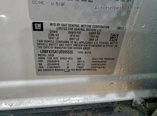 LRBFX2SA7JD005535 2018 BUICK ENVISION White Vista de la etiqueta del VIN