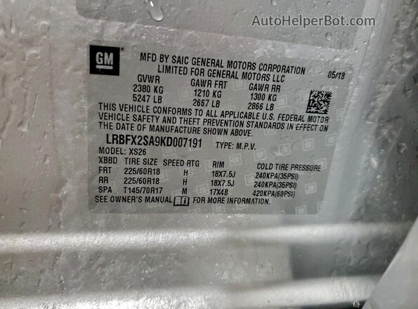 LRBFX2SA9KD007191 2019 BUICK ENVISION Серебряный Вид наклейки с VIN-кодом