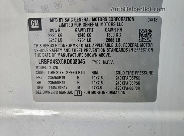 LRBFX4SX0KD003045 2019 BUICK ENVISION Белый Вид наклейки с VIN-кодом