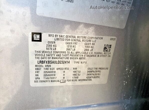 LRBFXBSA8LD232414 2020 BUICK ENVISION Silver Widok komory silnika