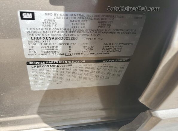 LRBFXCSA9KD023266 2019 BUICK ENVISION Brown Vista de la etiqueta del VIN