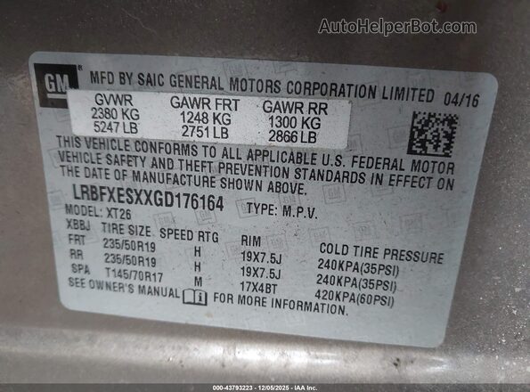 LRBFXESXXGD176164 2016 BUICK ENVISION Brown Vista del compartimento del motor