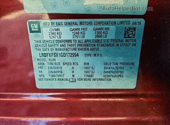LRBFXFSX1GD172994 2016 BUICK ENVISION Красный Вид наклейки с VIN-кодом
