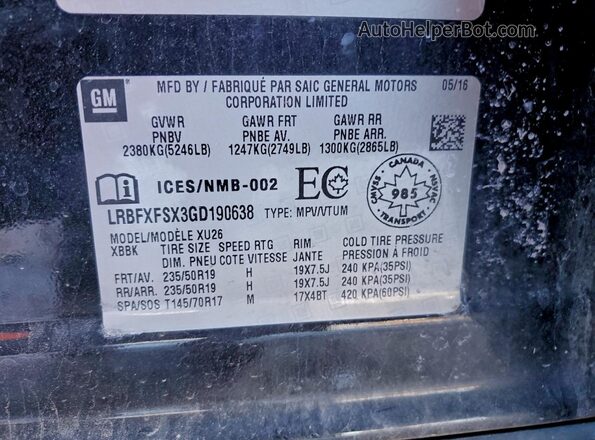 LRBFXFSX3GD190638 2016 BUICK ENVISION Black Vista de la etiqueta del VIN