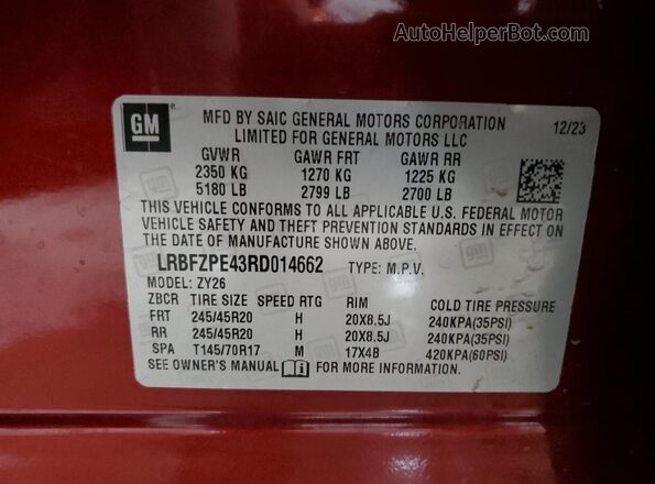 LRBFZPE43RD014662 2024 BUICK ENVISION Red Vista de la etiqueta del VIN