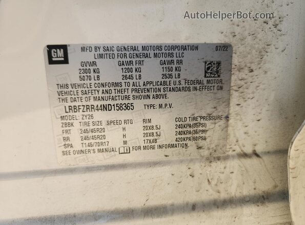 LRBFZRR44ND158365 2022 BUICK ENVISION Белый Вид наклейки с VIN-кодом