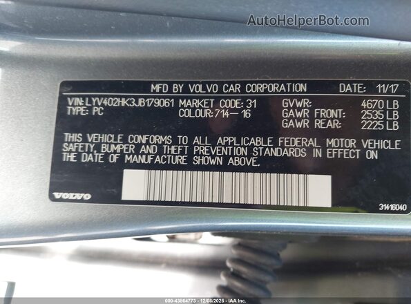 LYV402HK3JB179061 2018 VOLVO S60 INSCRIPTION Gray Widok komory silnika