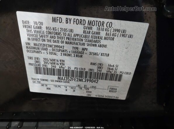 MAJ3S2FE2MC399042 2021 FORD ECOSPORT Black Widok komory silnika
