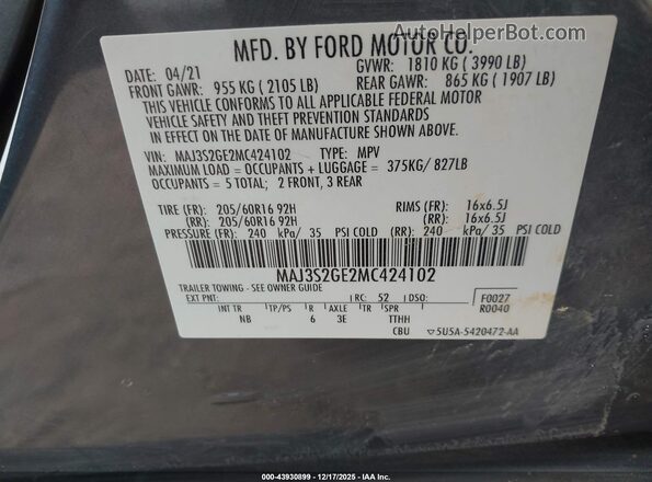 MAJ3S2GE2MC424102 2021 FORD ECOSPORT Gray Vista del compartimento del motor
