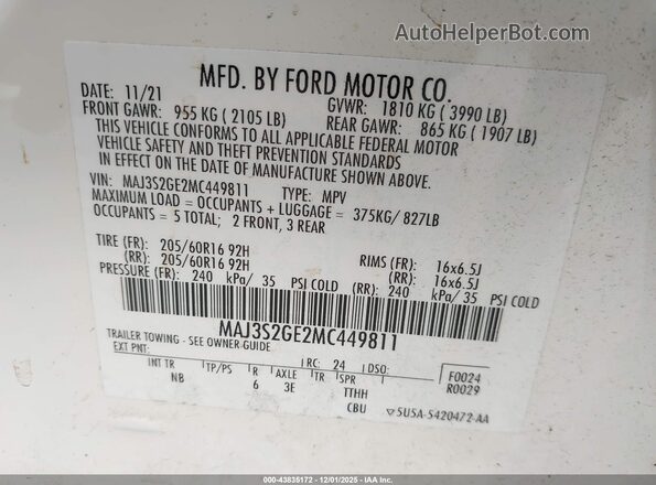 MAJ3S2GE2MC449811 2021 FORD ECOSPORT White Widok komory silnika