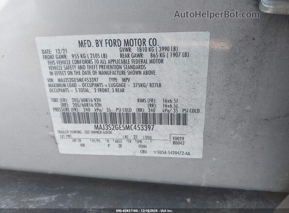 MAJ3S2GE5MC453397 2021 FORD ECOSPORT Silver Vista del compartimento del motor
