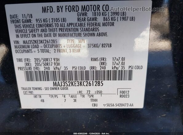 MAJ3S2KE3KC261285 2019 FORD ECOSPORT Черный Вид подкапотного пространства
