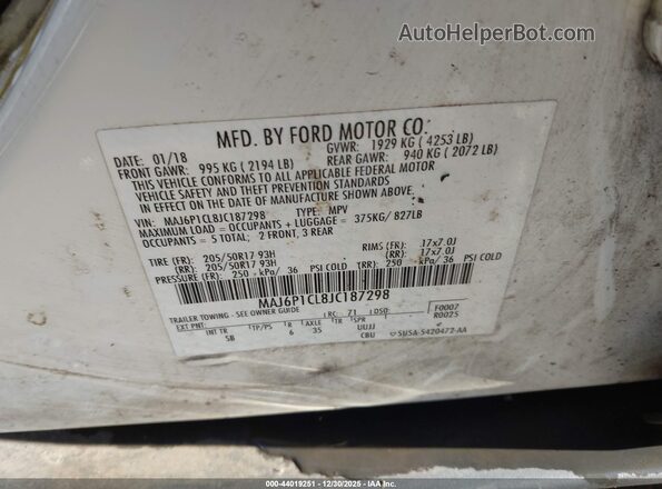 MAJ6P1CL8JC187298 2018 FORD ECOSPORT Белый Вид подкапотного пространства