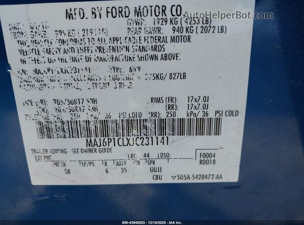 MAJ6P1CLXJC231141 2018 FORD ECOSPORT Blue Vista del compartimento del motor