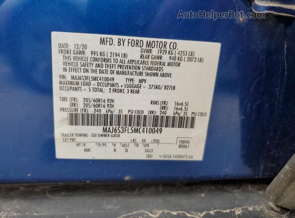 MAJ6S3FL5MC410049 2021 FORD ECOSPORT Синий Панорамный вид салона 360°