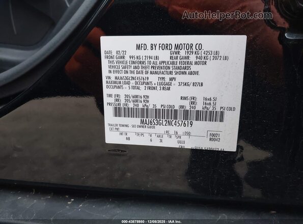 MAJ6S3GL2NC457619 2022 FORD ECOSPORT Black Vista del compartimento del motor