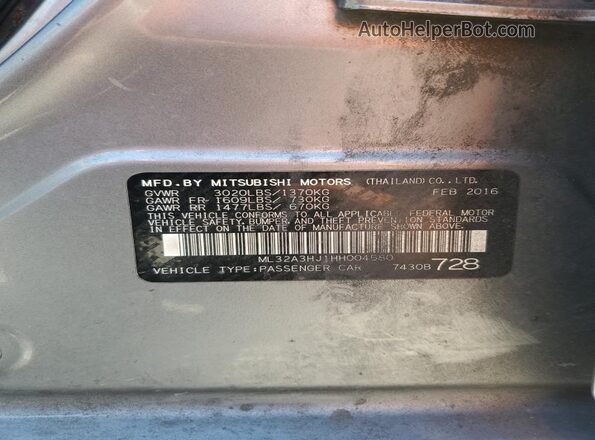 ML32A3HJ1HH004580 2017 MITSUBISHI MIRAGE Серый Вид подкапотного пространства