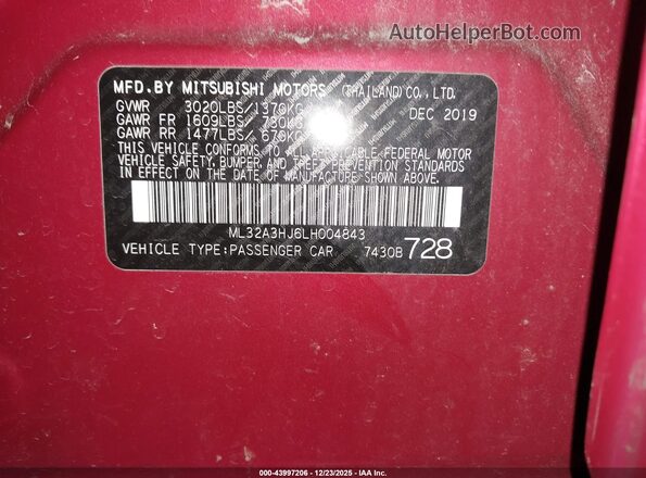 ML32A3HJ6LH004843 2020 MITSUBISHI MIRAGE Красный Вид подкапотного пространства