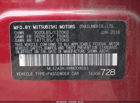 ML32A3HJXHH009583 2017 MITSUBISHI MIRAGE Red Vista del compartimento del motor