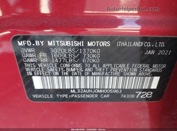 ML32AUHJ0MH005963 2021 MITSUBISHI MIRAGE Красный Вид подкапотного пространства