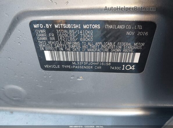 ML32F3FJ0HHF16158 2017 MITSUBISHI MIRAGE G4 Silver Вид підкапотного простору