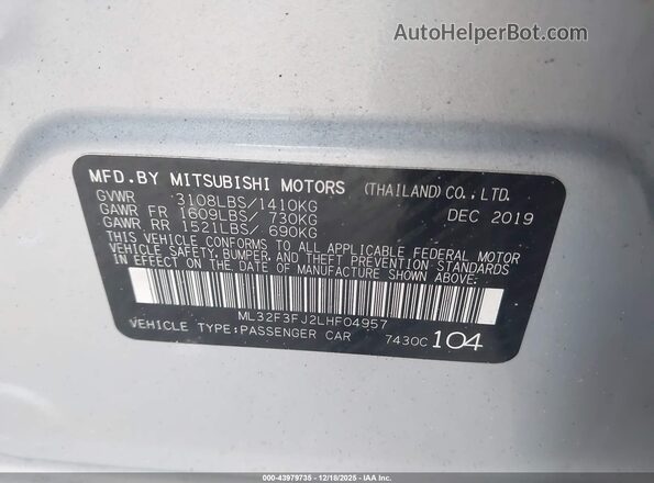 ML32F3FJ2LHF04957 2020 MITSUBISHI MIRAGE G4 Silver Widok komory silnika